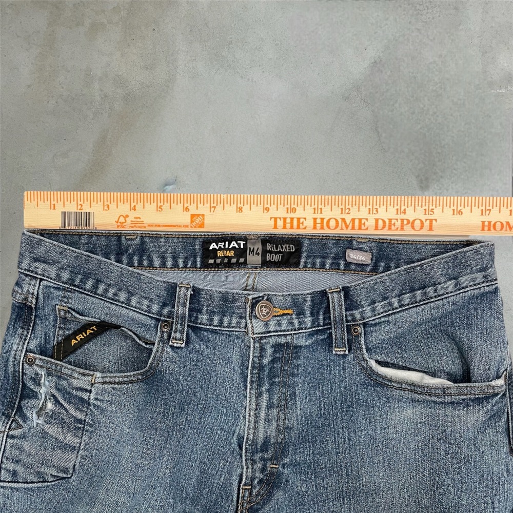 Ariat Rebar M4 Relaxed Bootcut Jeans Mens 34x34 Blue Denim Workwear Utility - Picture 3 of 9